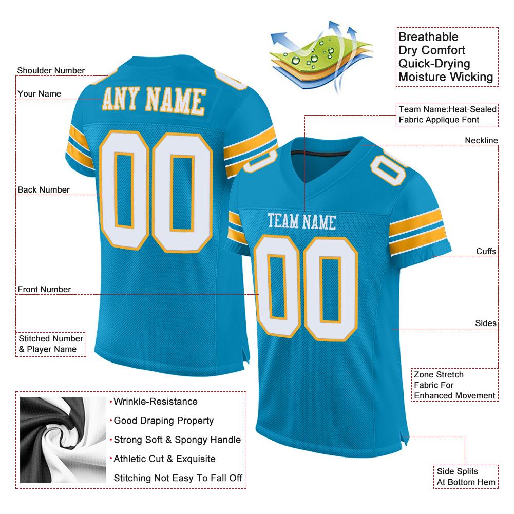 Custom Panther Blue White-Gold Classic Style Mesh Authentic Football Jersey